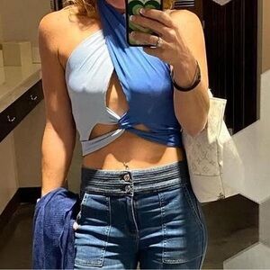 SHEIN White and Blue Asymmetrical Sleeveless Crop Top